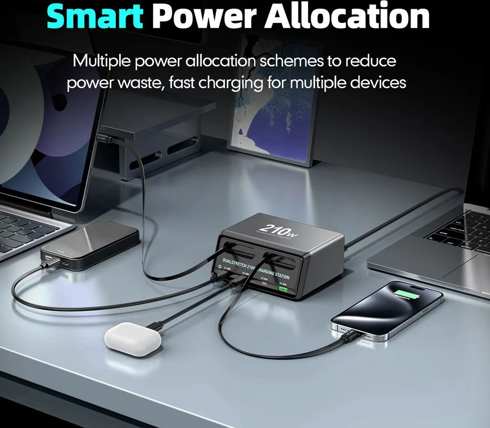 POWERTECH σταθμός φόρτισης PT-1623, USB/3x USB-C/2x USB-C καλώδια, GaN, 160W, μαύρος — εικόνα 2