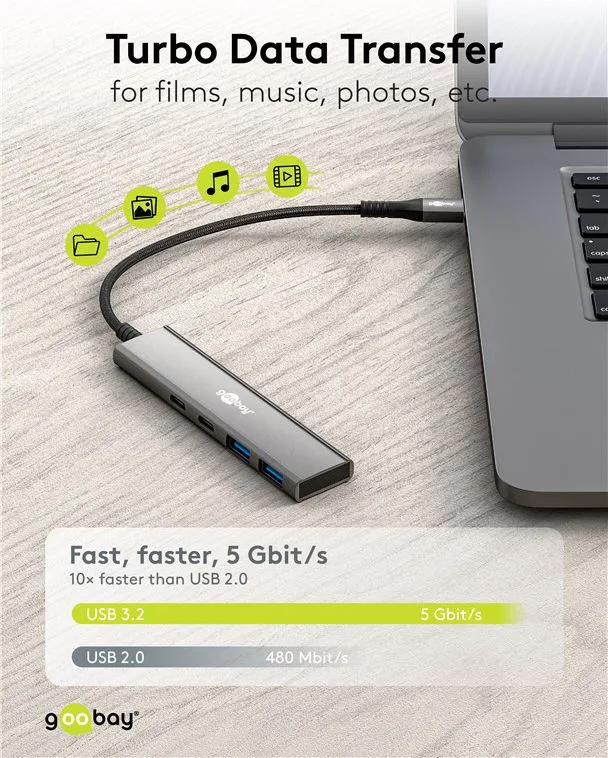 GOOBAY USB hub 76563, 4x θυρών, USB 3.2, 5Gbps, USB-C σύνδεση, γκρι — εικόνα 2