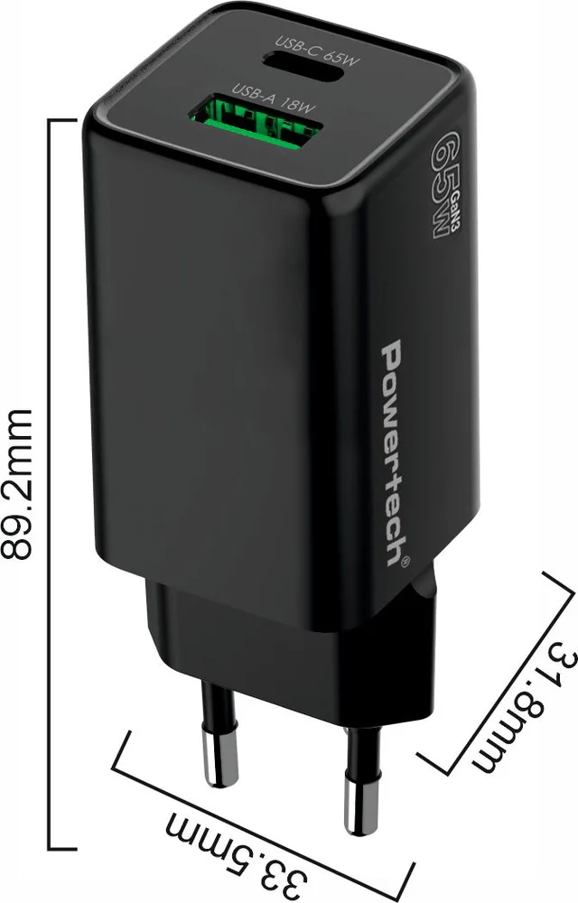 POWERTECH φορτιστής τοίχου PT-1501, USB/USB-C, 65W, GaN, μαύρος — εικόνα 5