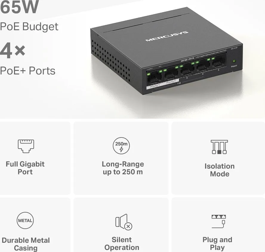 MERCUSYS Desktop Switch MS105GP, 5x 10/100/1000 Mbps, PoE+, V.3.0 — εικόνα 2