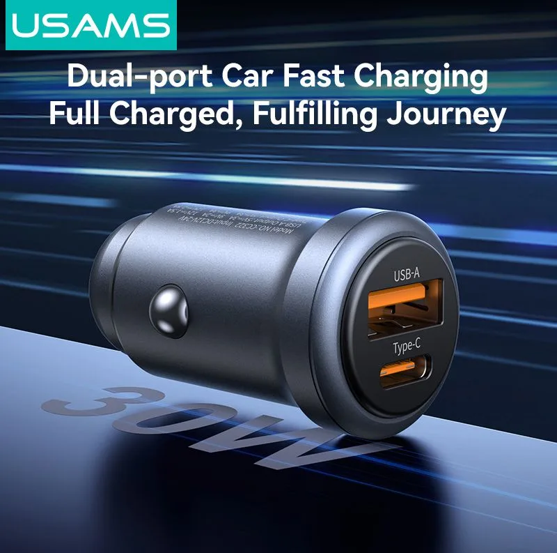USAMS φορτιστής αυτοκινήτου CC322, USB & USB-C, 30W, πορτοκαλί — εικόνα 3