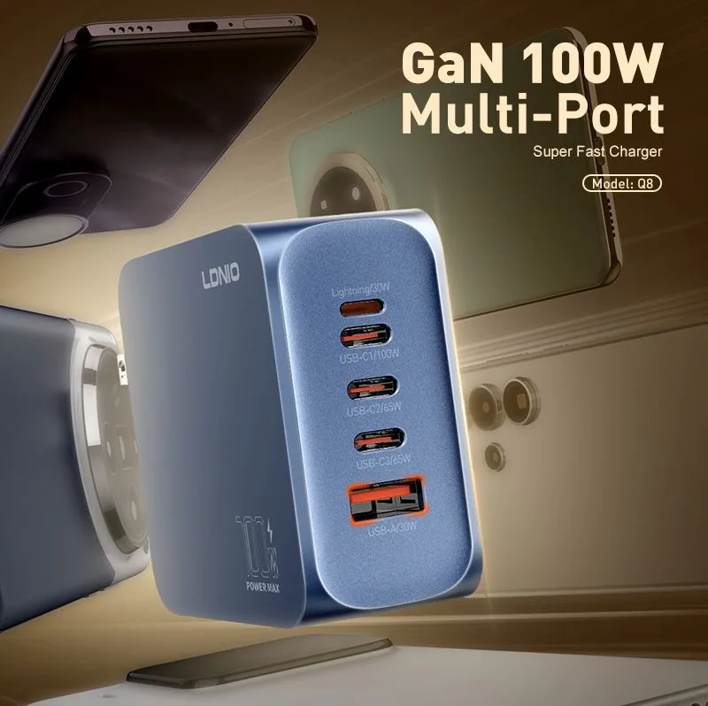 LDNIO φορτιστής τοίχου Q8 με καλώδιο USB-C, USB/Lightning/3x USB-C, GaN, 100W, μπλε — εικόνα 3