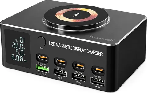 POWERTECH σταθμός φόρτισης PT-1625 με οθόνη, 4x USB/4x USB-C/wireless, 140W, μαύρος