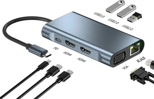 POWERTECH docking station BYL-2311 8 θυρών, USB-C σύνδεση, 100W PD, γκρι — εικόνα 2