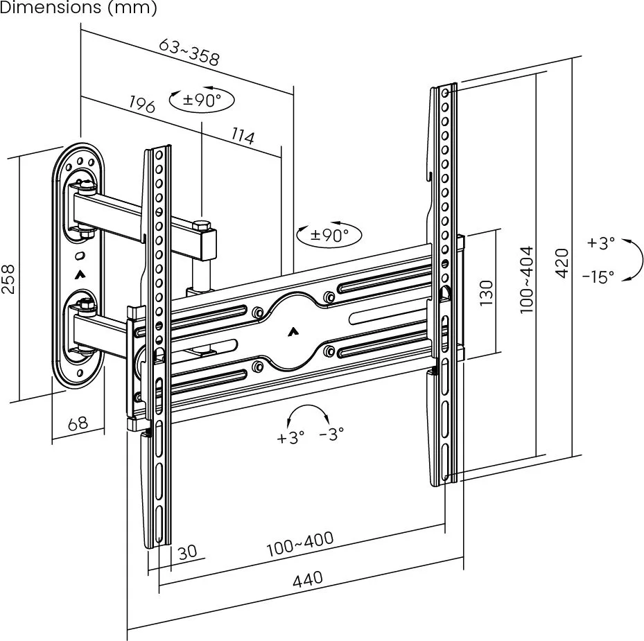 POWERTECH επιτοίχια βάση τηλεόρασης PT-1388, 32-65", έως 35kg, full motion — εικόνα 7