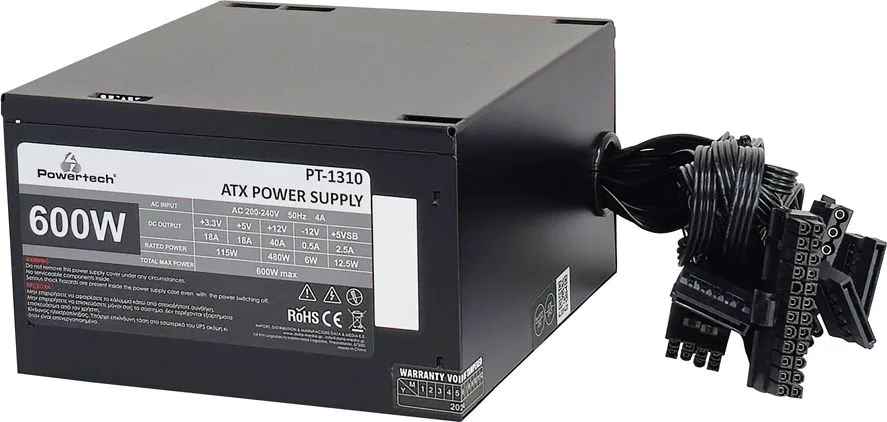 POWERTECH τροφοδοτικό PC PT-1310, 600W, ATX, 120mm Fan — εικόνα 3
