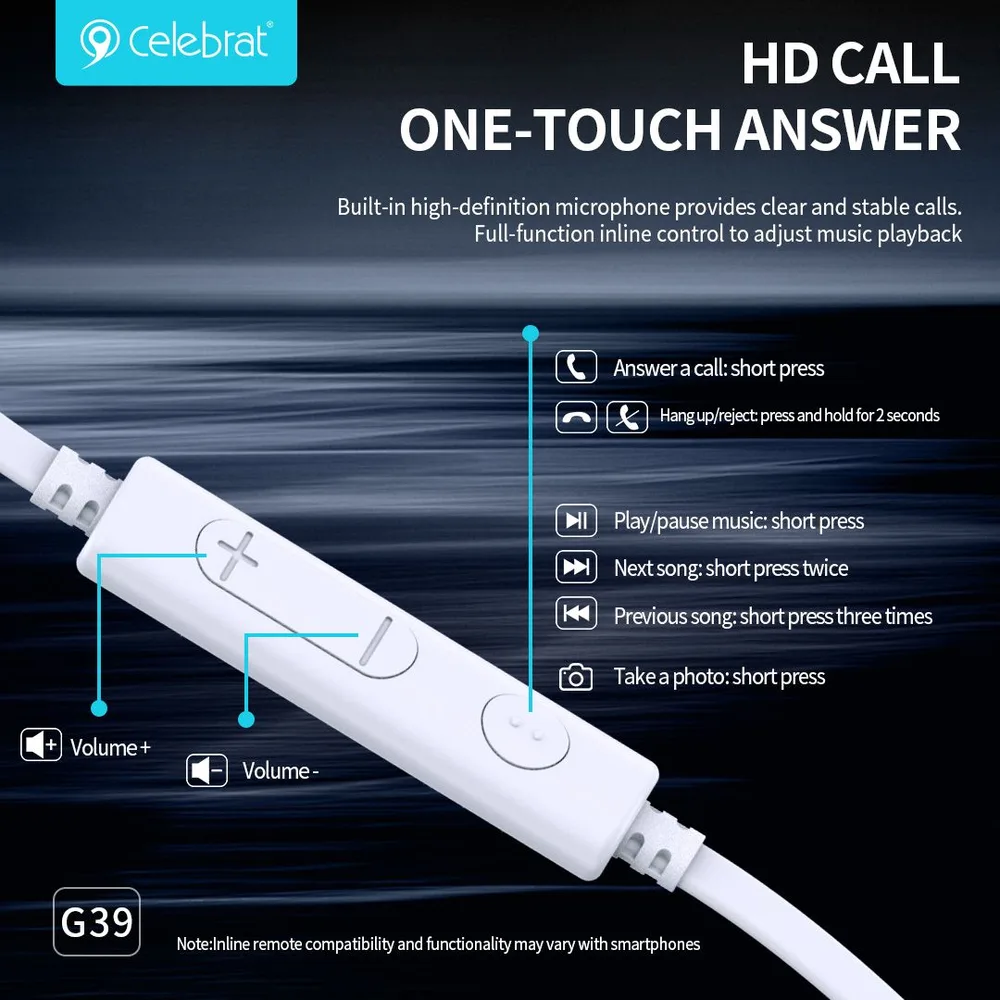 CELEBRAT earphones με μικρόφωνο G39, USB-C σύνδεση, 14mm, 1.2m, μαύρα — εικόνα 3