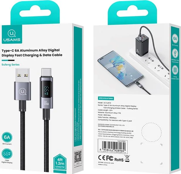 USAMS καλώδιο USB-C σε USB US-SJ673, 66W, 480Mbps, 1.2m, μαύρο — εικόνα 5