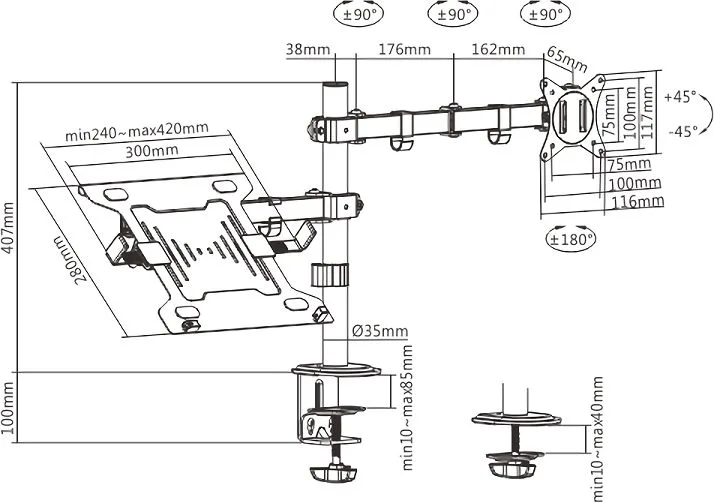 BRATECK βάση γραφείου οθόνης LDT66-C024ML, 17-32", έως 9kg, με θέση για laptop — εικόνα 6