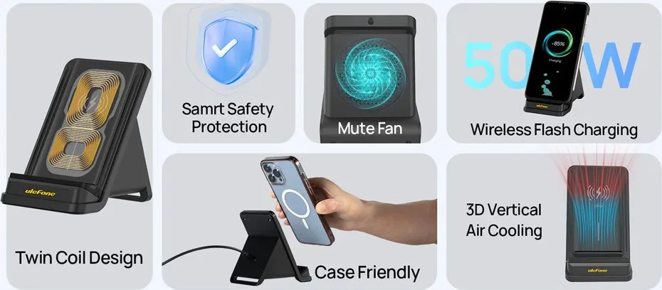 ULEFONE ασύρματος φορτιστής & βάση smartphone WCS01, 50W, μαύρος — εικόνα 3