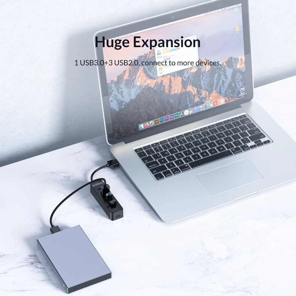 ORICO USB hub TWU32-4A, 4x θυρών, USB 3.0, 5Gbps, USB σύνδεση, έξτρα τροφοδοσία, μαύρο — εικόνα 2
