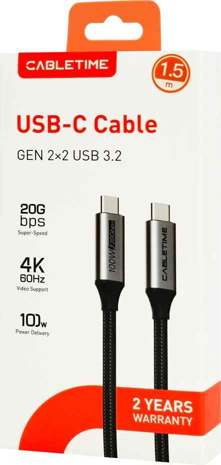 CABLETIME καλώδιο USB-C CT-C160-PU31-CMCM2, USB 3.2, 100W, 20Gbps, 4K, 1.5m, μαύρο — εικόνα 4