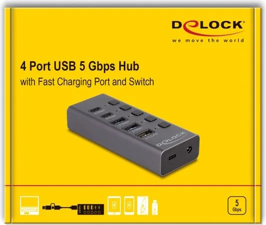 DELOCK USB hub 64248 με διακόπτες, 5x θυρών, 5Gbps, USB/USB-C σύνδεση, γκρι — εικόνα 4