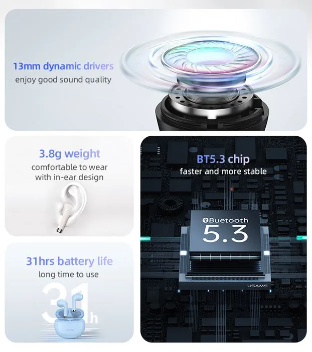 USAMS earphones με θήκη φόρτισης US-YO17, True Wireless, Φ13mm, μαύρα — εικόνα 3