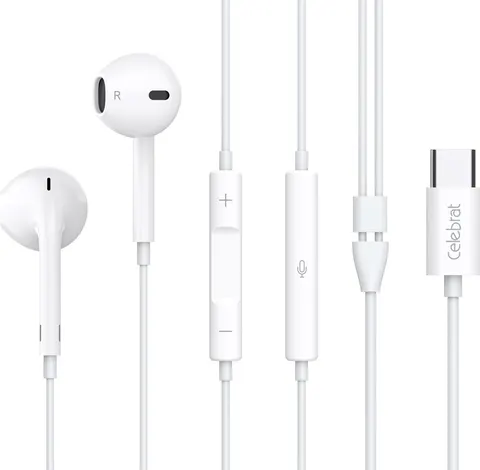 CELEBRAT earphones με μικρόφωνο E500, USB-C σύνδεση, Φ14mm, 1.2m, λευκά