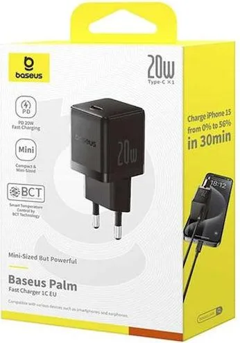 BASEUS Palm φορτιστής ΓΡΗΓΟΡΗΣ φόρτισης, 1 θύρα, 20W, ΜΑΥΡΟΣ — εικόνα 3