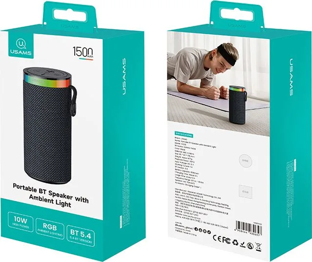 USAMS φορητό ηχείο YX018 με LED φωτισμό, 2x 5W, Bluetooth, 1500mAh, μαύρο — εικόνα 9