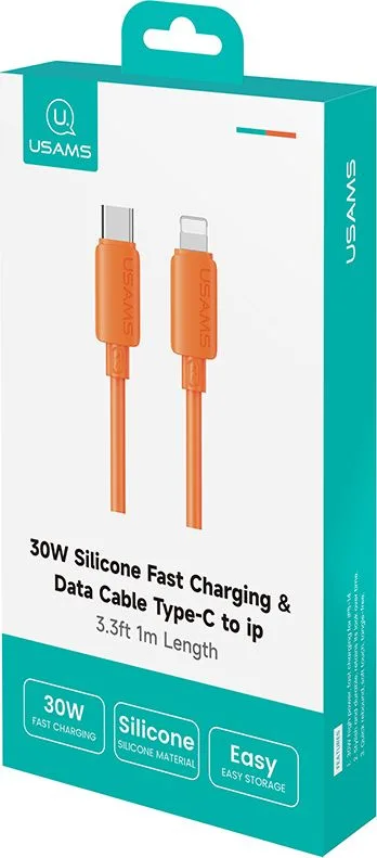 USAMS καλώδιο Lightning σε USB-C SJ788, σιλικόνης, 30W, 480Mbps, 1m, πορτοκαλί — εικόνα 7