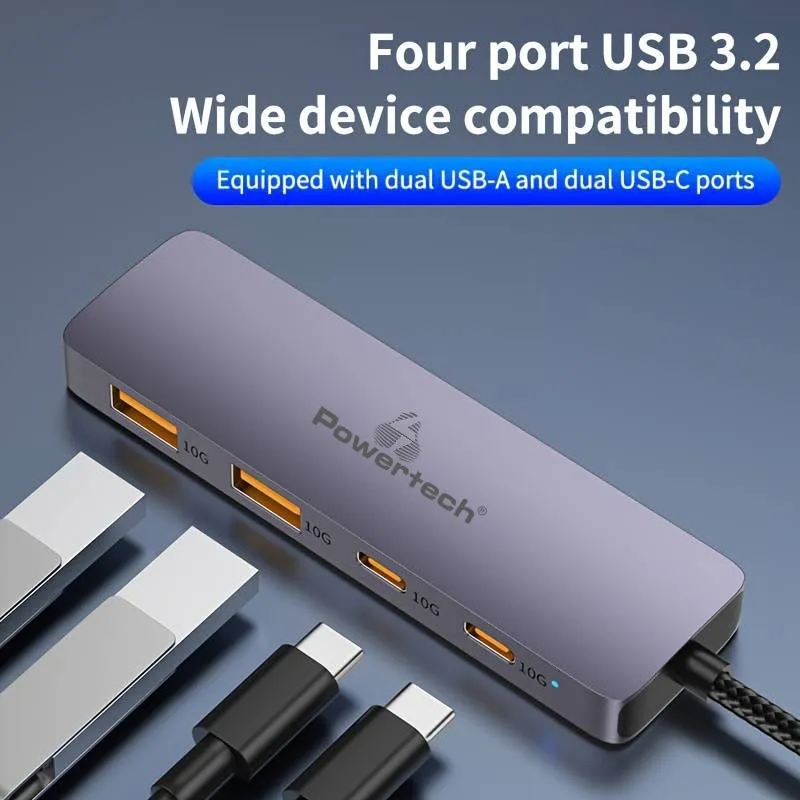 POWERTECH USB hub CAB-UC082, 4x θυρών, 10Gbps, USB-C σύνδεση, γκρι — εικόνα 2