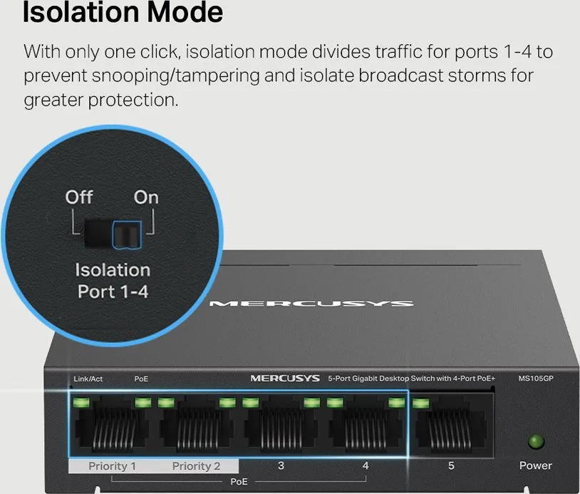 MERCUSYS Desktop Switch MS105GP, 5x 10/100/1000 Mbps, PoE+, V.3.0 — εικόνα 5
