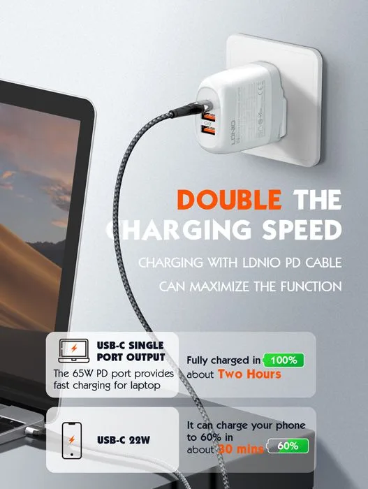 LDNIO φορτιστής τοίχου A3511Q με καλώδιο, USB-C/2x USB, 65W, GaN, λευκός — εικόνα 2