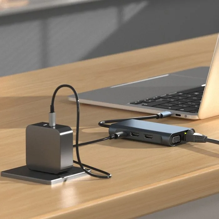 POWERTECH docking station BYL-2311 8 θυρών, USB-C σύνδεση, 100W PD, γκρι — εικόνα 4