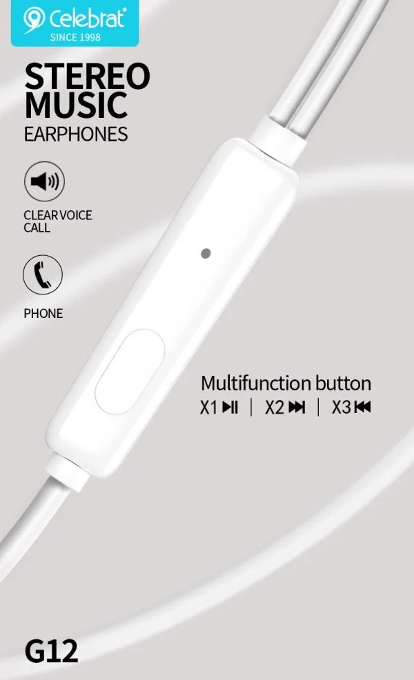 CELEBRAT earphones με μικρόφωνο G12, 3.5mm σύνδεση, Φ14.2mm, 1.2m, λευκό — εικόνα 3