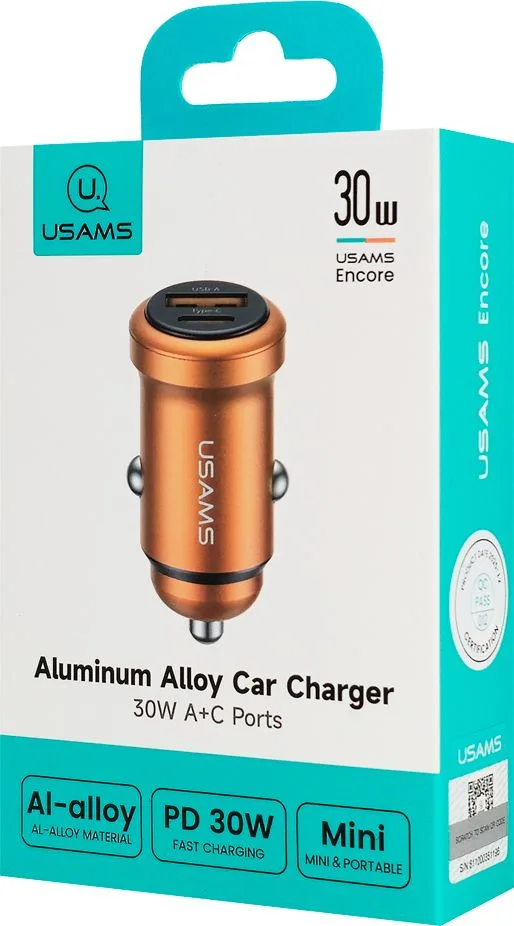USAMS φορτιστής αυτοκινήτου CC322, USB & USB-C, 30W, πορτοκαλί — εικόνα 7
