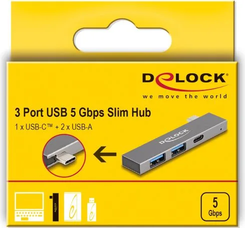 DELOCK USB hub 64275, 3x θυρών, 5Gbps, USB-C σύνδεση, γκρι — εικόνα 5