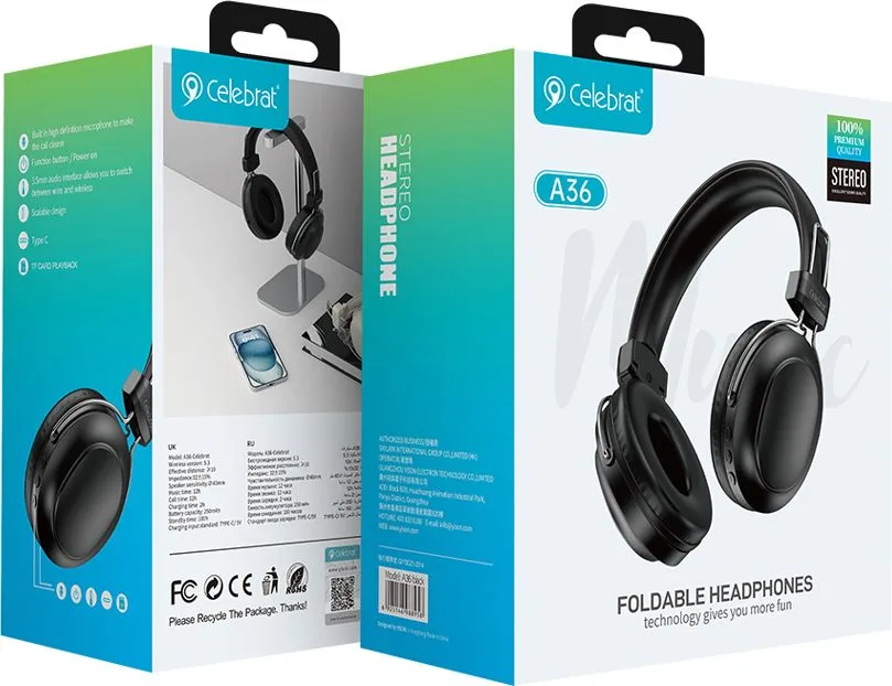 CELEBRAT headphones A36, ασύρματα & ενσύρματα, micro SD, 40mm, 250mAh, μαύρα — εικόνα 5