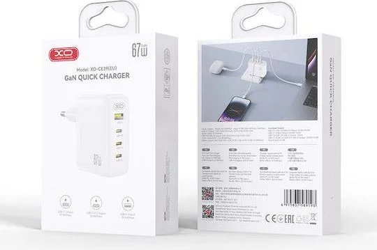 XO CE39, φορτιστής ΓΡΗΓΟΡΗΣ φόρτισης, 4 ΘΥΡΕΣ, GAN, 65W, ΛΕΥΚΟΣ — εικόνα 3