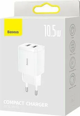 BASEUS Compact Charger 2U, φορτιστής τοίχου, 2 ΘΥΡΕΣ USB, 10.5W, ΛΕΥΚΟΣ — εικόνα 3
