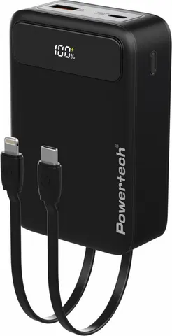 POWERTECH power bank PT-1504 με καλώδια & οθόνη, 20000mah, 22.5W, μαύρο