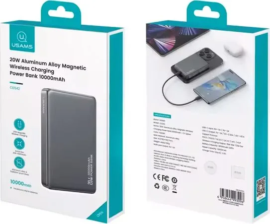 USAMS power bank CD242, magnetic wireless, USB-C έξοδος, 10000mAh, 20W, γκρι — εικόνα 6