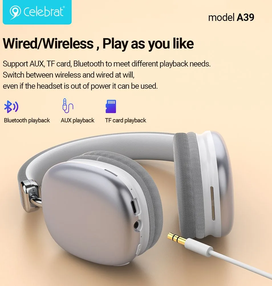 CELEBRAT headphones A39, ασύρματα & ενσύρματα, micro SD, 40mm, 400mAh, μαύρα — εικόνα 2