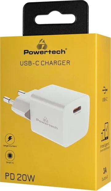 POWERTECH φορτιστής τοίχου PT-1223, USB-C, 20W, λευκός — εικόνα 3