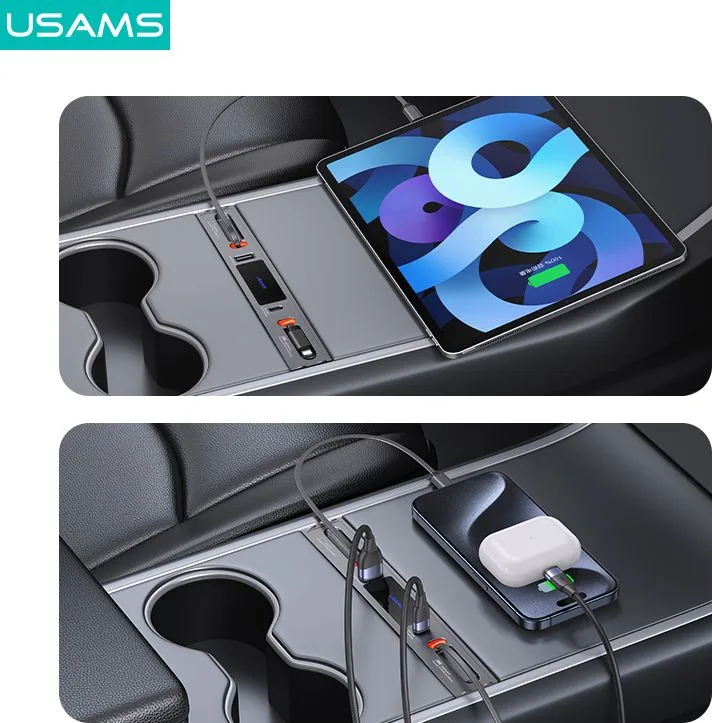 USAMS φορτιστής αυτοκινήτου US-SJ649 για Tesla(3/Y), με 2x καλώδια, USB/USB-C θύρες, 60W, γκρι — εικόνα 3