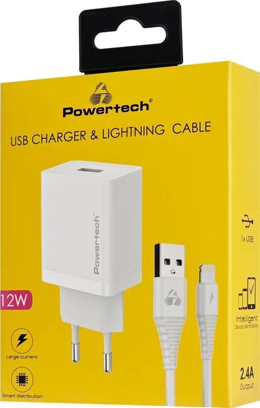 POWERTECH φορτιστής τοίχου PT-1323 με καλώδιο Lightning, USB, 12W, λευκός — εικόνα 2
