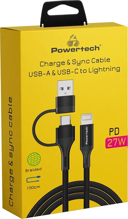 POWERTECH καλώδιο USB & USB-C σε Lightning PTR-0159, PD 27W, copper, 1.5m, μαύρο — εικόνα 2