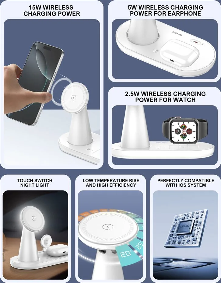 LDNIO ασύρματος φορτιστής WL01 με LED φωτισμό, 3 σε 1, 15W, λευκός — εικόνα 3