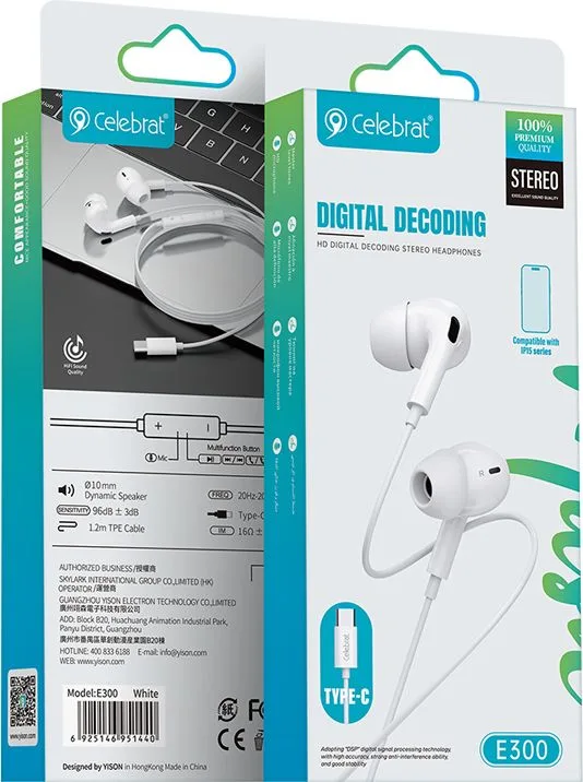 CELEBRAT earphones με μικρόφωνο E300, USB-C σύνδεση, Φ10mm, 1.2m, λευκά — εικόνα 4