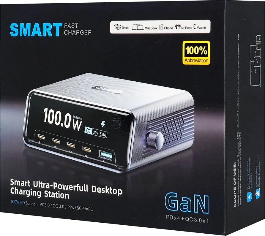 POWERTECH σταθμός φόρτισης PT-1622 με οθόνη, USB & 4x USB-C, GaN, 100W, ασημί — εικόνα 7