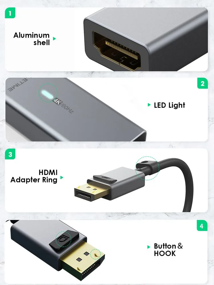 CABLETIME αντάπτορας DisplayPort σε HDMI CT-AV589-P02G4K60, 4K/60Hz, γκρι — εικόνα 7