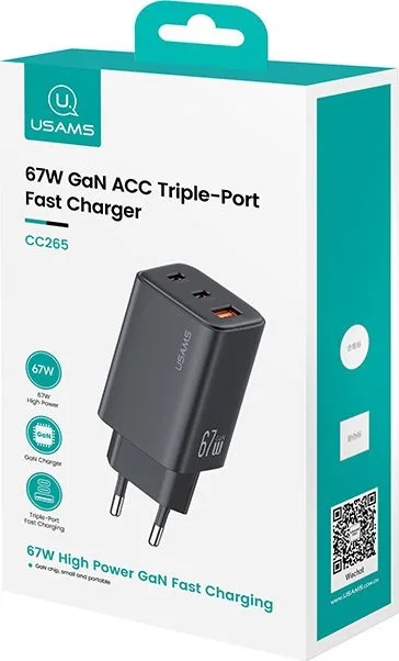 USAMS φορτιστής τοίχου CC265, USB & 2x USB-C, 67W, GaN, μαύρος — εικόνα 9