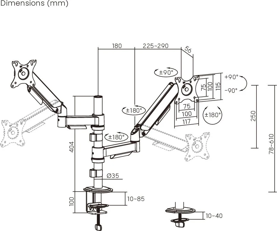 POWERTECH βάση γραφείου για 2x οθόνες PT-1628, 17-32", έως 9kg — εικόνα 6