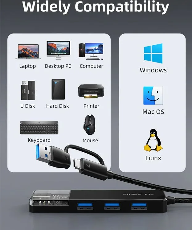 CABLETIME USB hub CT-HUBT3-PB, 4x θυρών, 5Gbps, USB/USB-C σύνδεση, μαύρο — εικόνα 5