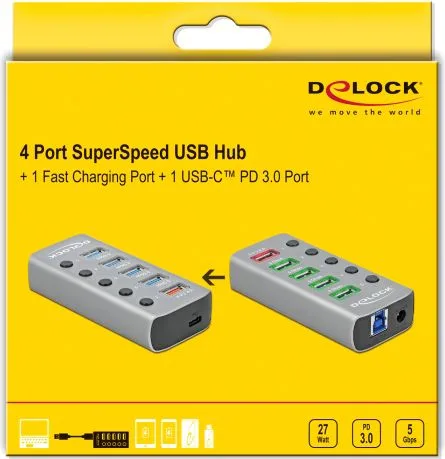 DELOCK USB hub 63263 με διακόπτες, 6x θυρών, 5Gbps, 12V/2.25A PD, γκρι — εικόνα 3