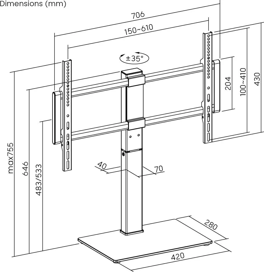 POWERTECH επιτραπέζια βάση τηλεόρασης PT-1565, 37-75", έως 40kg — εικόνα 7