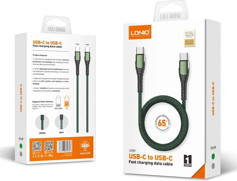 LDNIO καλώδιο USB-C σε USB-C LC101, 65W PD, 1m, γκρι — εικόνα 6
