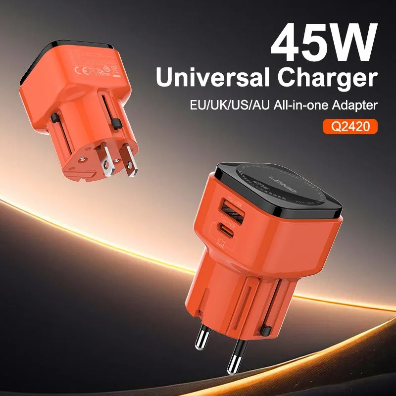 LDNIO φορτιστής τοίχου Q2420 με καλώδιο, USB/USB-C, 45W, universal πρίζα, πορτοκαλί — εικόνα 2